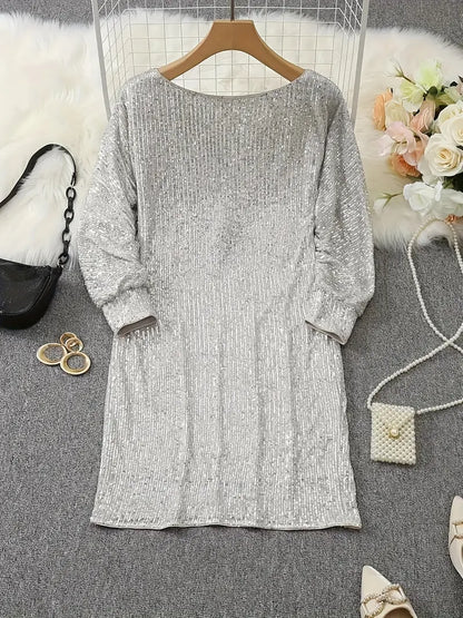 Elegante Vestido Mini de Lentejuelas para Mujeres con Manga Murciélago Descubierta Cuerpo Ajustado Brillante Estilo Formal para Fiestas