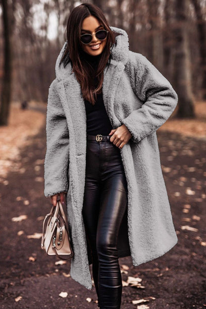 Abrigo de Piel de Oveja Sin Esfuerzo para Mujeres con Cuello con Capucha, Manga Larga, Estilo Oversized y Largo