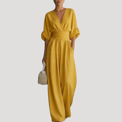 Mono Elegante de Pierna Ancha para Mujeres con Escote en V, Mangas de Campana y Cintura con Cinturón