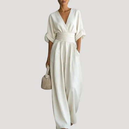 Mono Elegante de Pierna Ancha para Mujeres con Escote en V, Mangas de Campana y Cintura con Cinturón