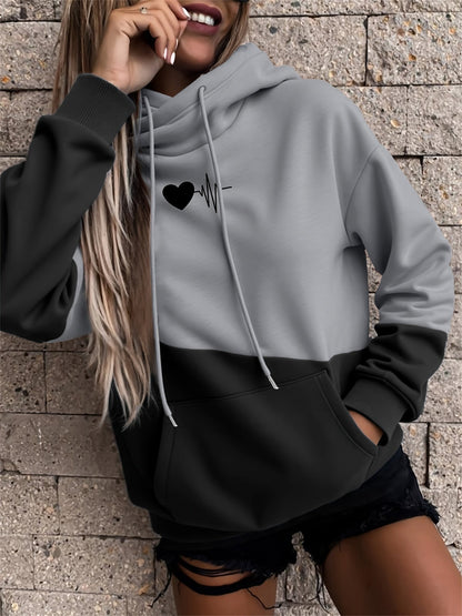 Sudadera cómoda con diseño colorblock y estampado de latidos para mujeres con capucha ajustable, manga larga y estilo de bolsillo canguro.