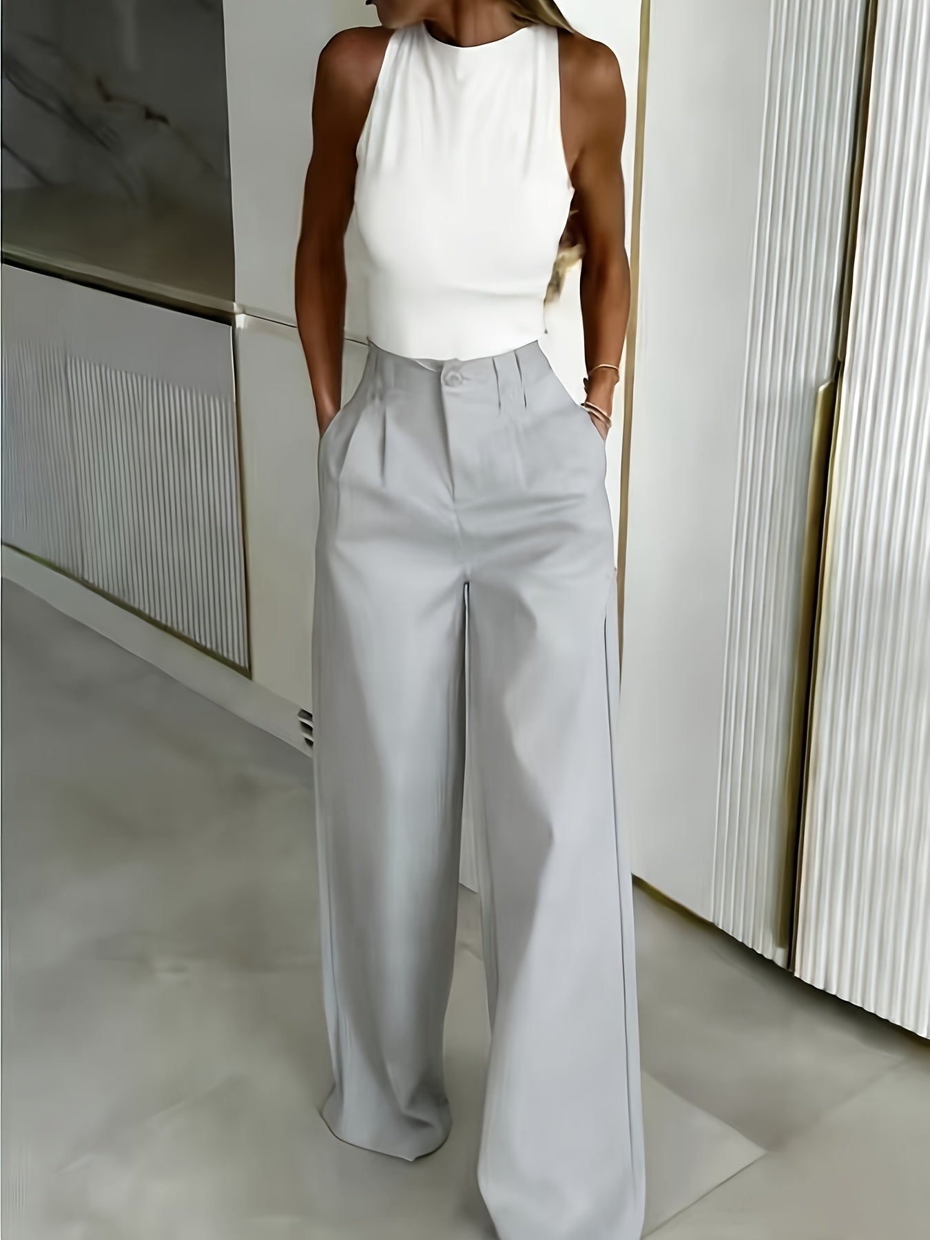 Pantalones Elegantes de Pierna Ancha para Mujeres con Cintura Alta, Frente de Botones y Estilo Plisado