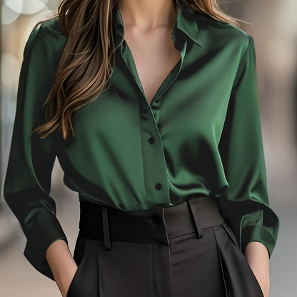 Blusa de Satén Elegante para Mujeres con Cuello, Manga Larga y Botones, Estilo Relajado y Sedoso