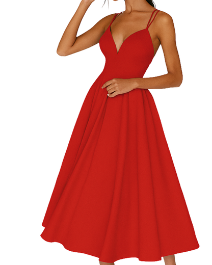 Vestido Midi de Satén Elegante para Mujeres con Escote en V y Tirantes de Espagueti, Espalda Cruzada, Estilo Cóctel