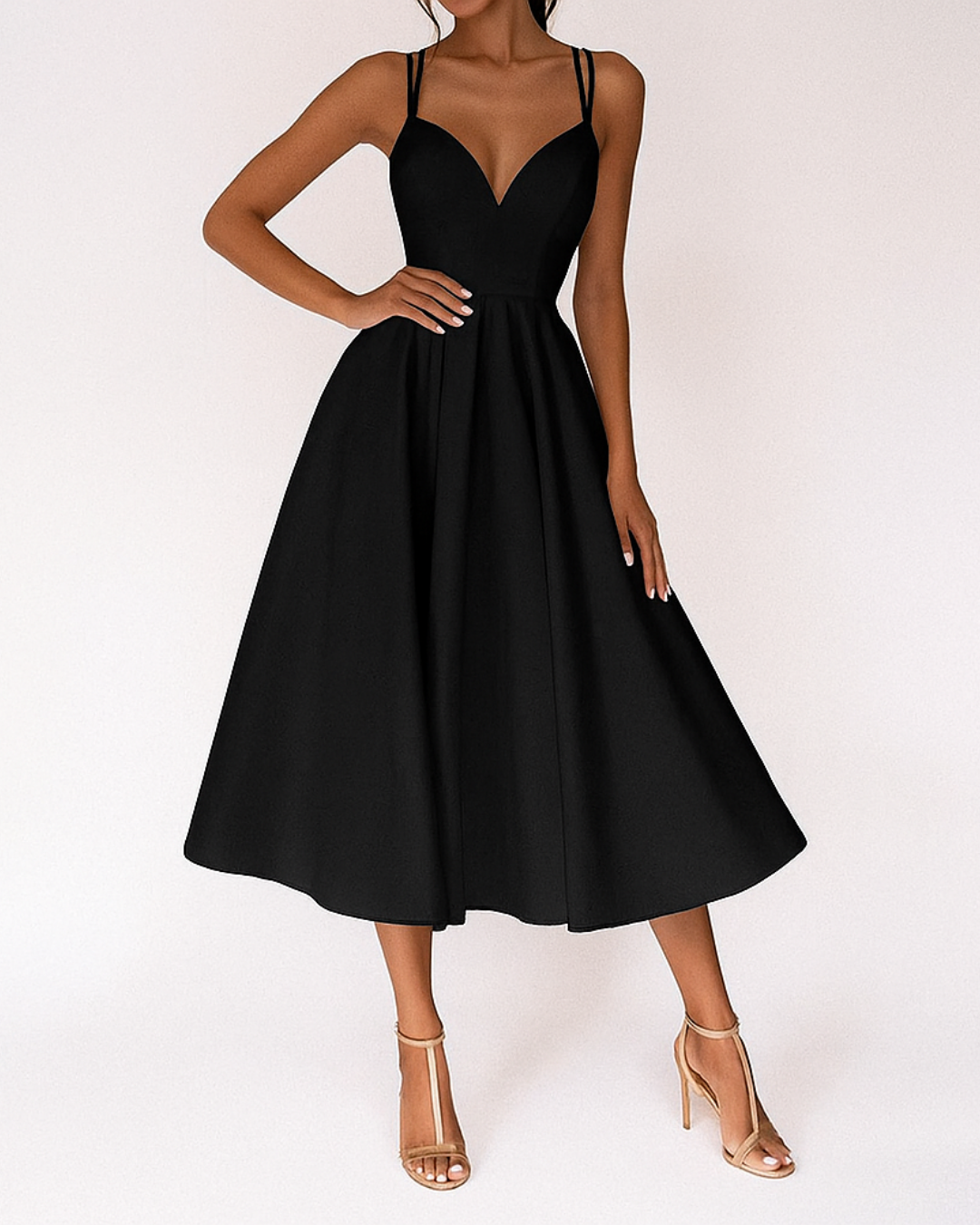 Vestido Midi de Satén Elegante para Mujeres con Escote en V y Tirantes de Espagueti, Espalda Cruzada, Estilo Cóctel