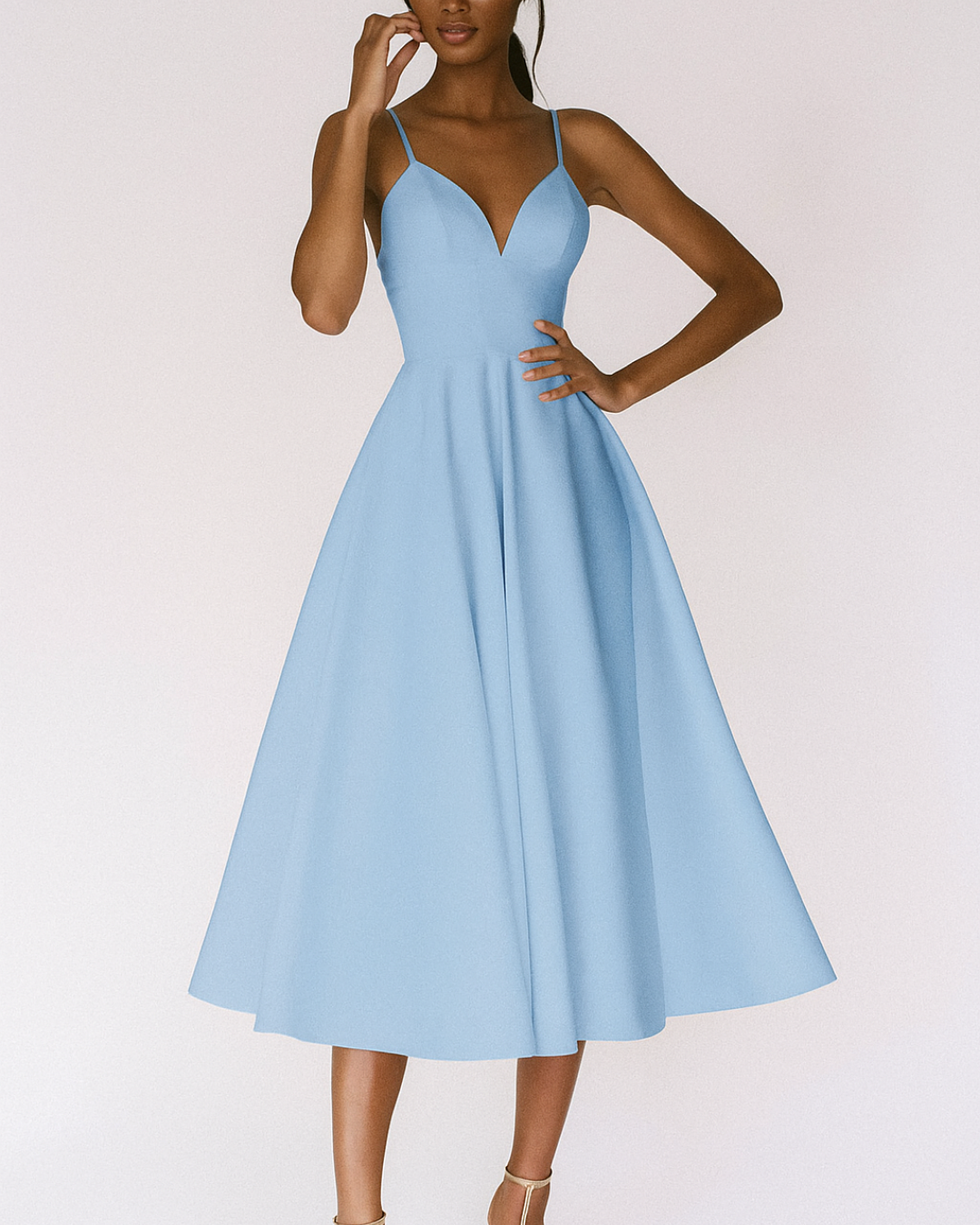 Vestido Midi de Satén Elegante para Mujeres con Escote en V y Tirantes de Espagueti, Espalda Cruzada, Estilo Cóctel