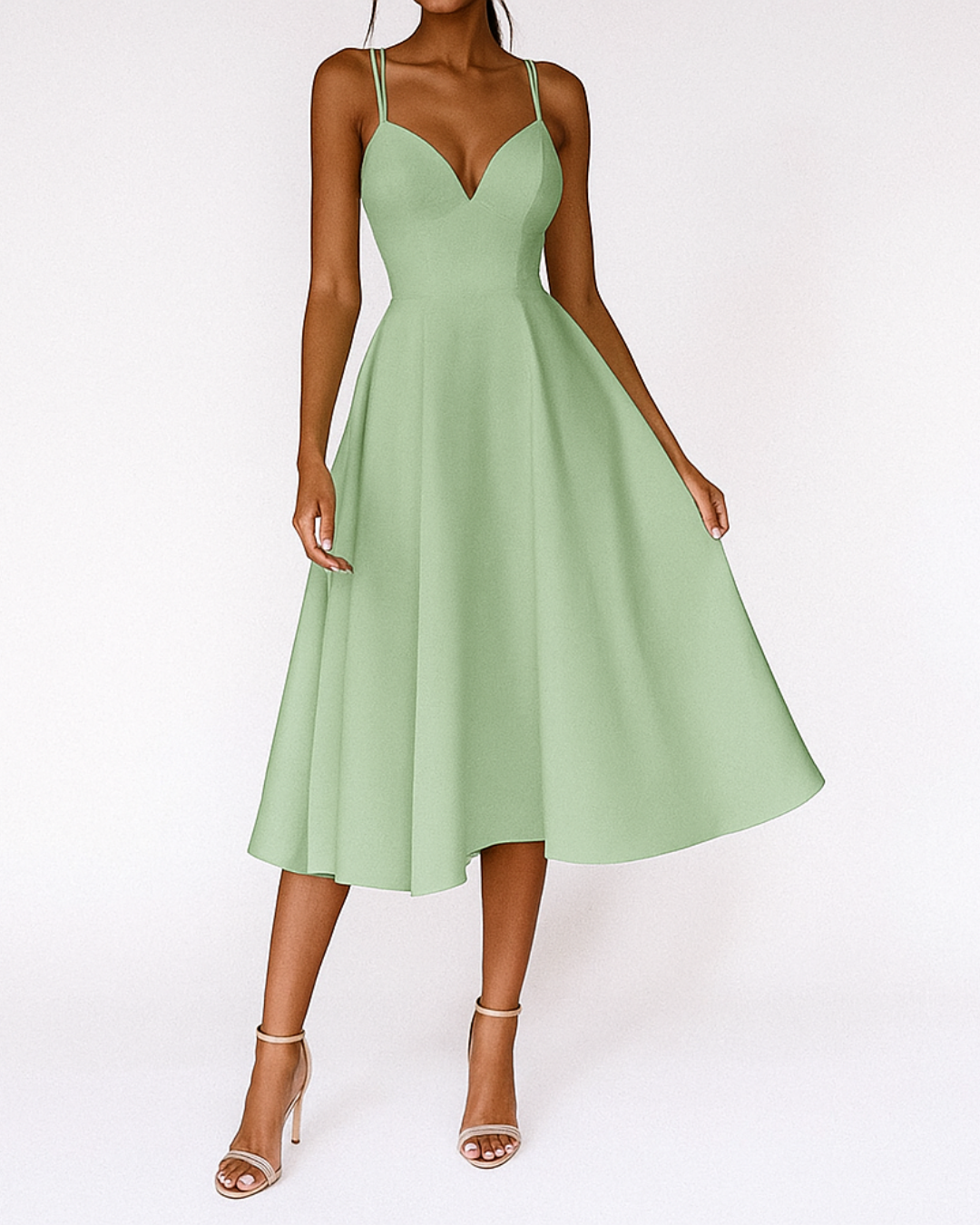 Vestido Midi de Satén Elegante para Mujeres con Escote en V y Tirantes de Espagueti, Espalda Cruzada, Estilo Cóctel