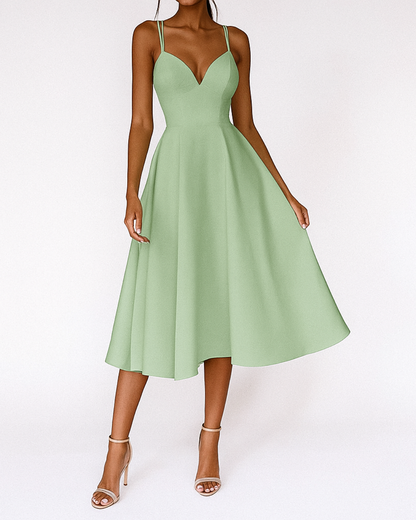 Vestido Midi de Satén Elegante para Mujeres con Escote en V y Tirantes de Espagueti, Espalda Cruzada, Estilo Cóctel
