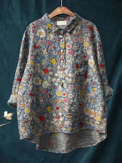Blusa Floral Impresa Sin Esfuerzo para Mujeres con Cuello, Manga Larga, Botones en el Frente, Estilo Relajado