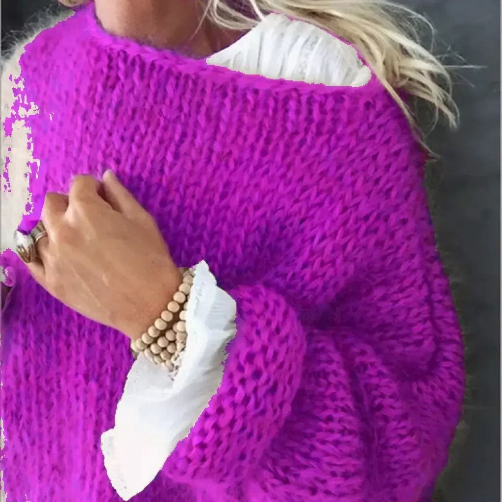Suéter de Mohair Cómodo de Punto para Mujeres con Cuello Amplio y Mangas Largas de Estilo Relajado y Oversized