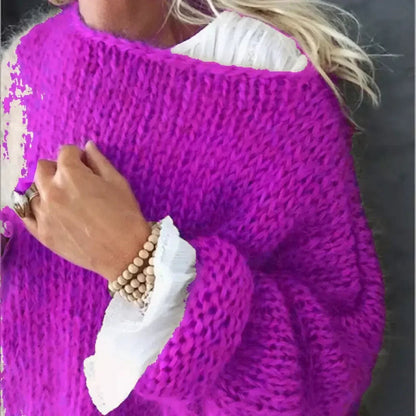 Suéter de Mohair Cómodo de Punto para Mujeres con Cuello Amplio y Mangas Largas de Estilo Relajado y Oversized