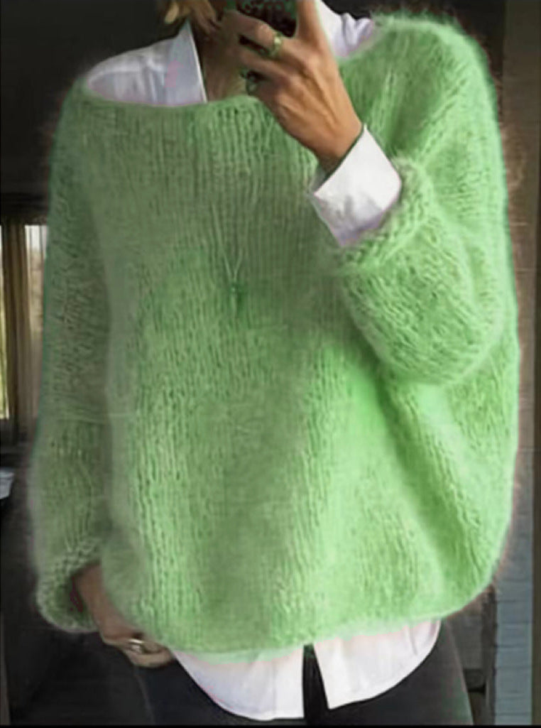 Suéter de Mohair Cómodo de Punto para Mujeres con Cuello Amplio y Mangas Largas de Estilo Relajado y Oversized