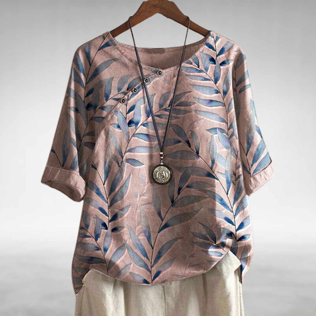 Blusa de Lino con Estampado Botánico para Mujeres, de Cuello Redondo, Manga de Codo, Con Botones, Estilo Relajado