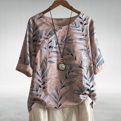 Blusa de Lino con Estampado Botánico para Mujeres, de Cuello Redondo, Manga de Codo, Con Botones, Estilo Relajado