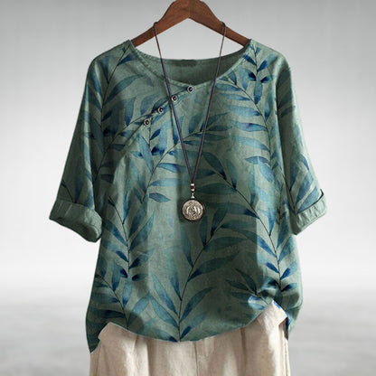 Blusa de Lino con Estampado Botánico para Mujeres, de Cuello Redondo, Manga de Codo, Con Botones, Estilo Relajado