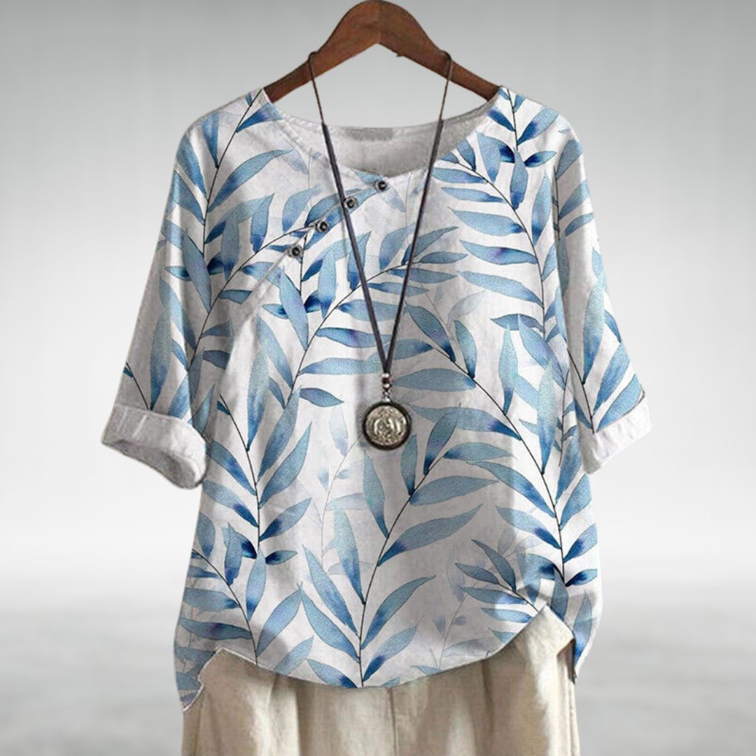 Blusa de Lino con Estampado Botánico para Mujeres, de Cuello Redondo, Manga de Codo, Con Botones, Estilo Relajado