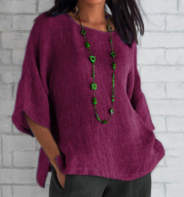 Blusa de Túnica de Lino Sin Esfuerzo para Mujeres con Cuello Mao, Manga de Codo, Corte Relajado y Abertura Lateral Casual