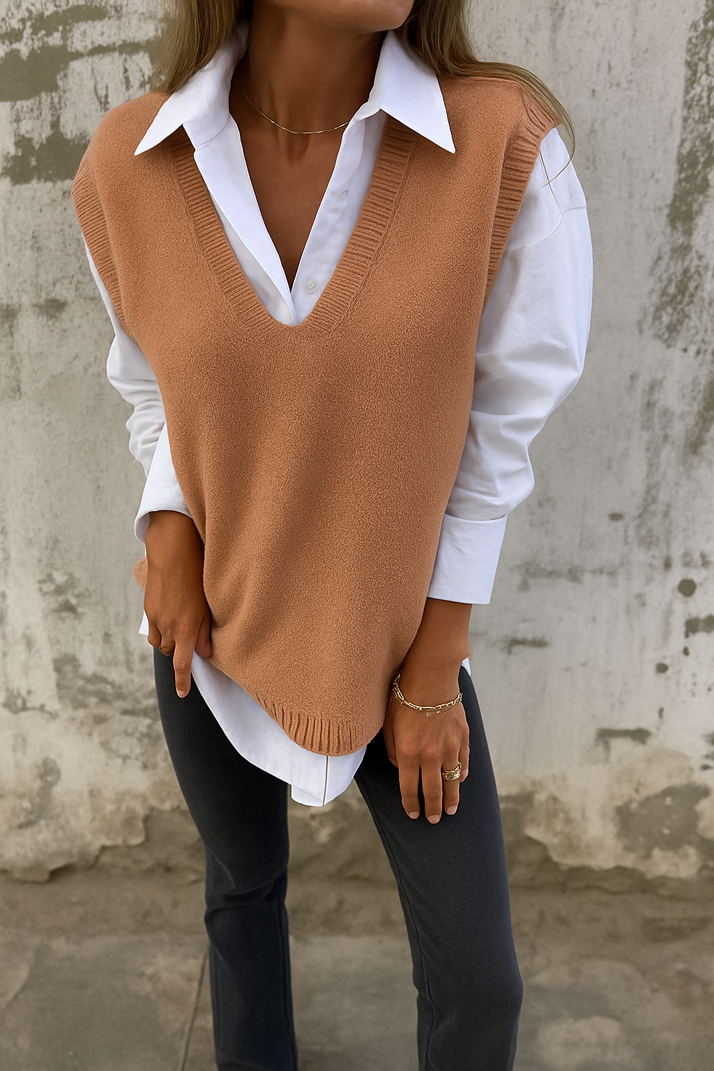 Chaleco de Suéter de Punto Cómodo para Mujeres con Cuello de Camisa y Escote en V Sin Mangas, Estilo Casual en Capas