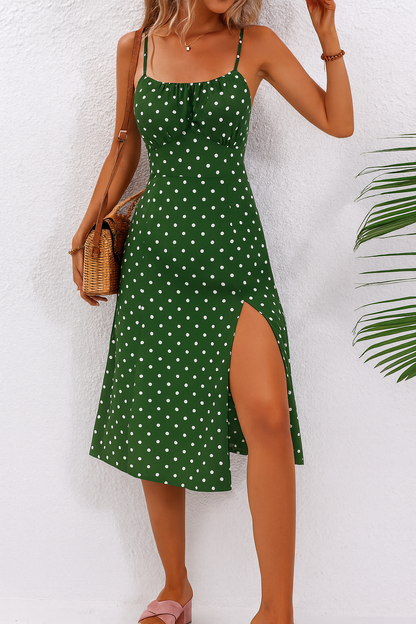 Vestido Midi de Lunares para Mujeres con Escote Redondeado, Tirantes de Espagueti y Corte Cuerpo Ajustado