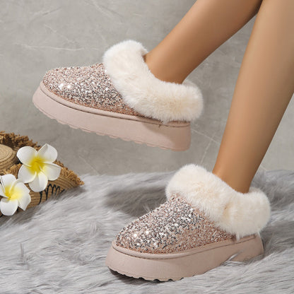 Zapatillas Cómodas para Mujeres con Parte Superior de Lentejuelas, Forro de Piel Sintética y Suela de Plataforma para Ponerse