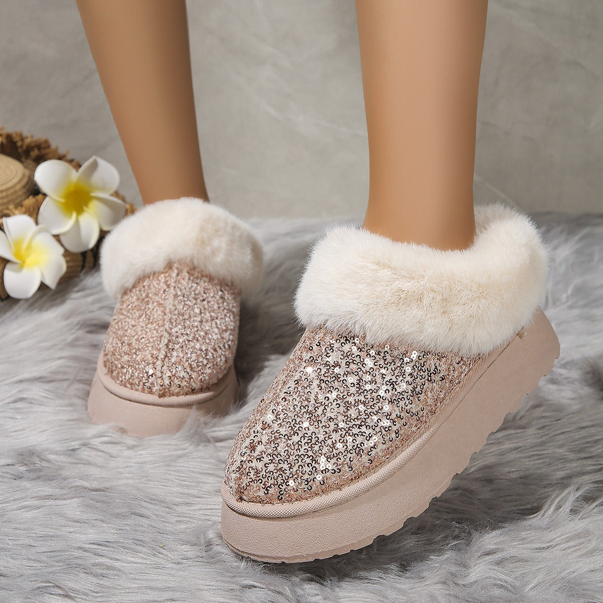 Zapatillas Cómodas para Mujeres con Parte Superior de Lentejuelas, Forro de Piel Sintética y Suela de Plataforma para Ponerse