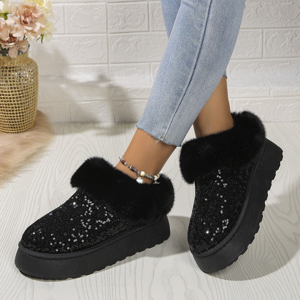 Zapatillas Cómodas para Mujeres con Parte Superior de Lentejuelas, Forro de Piel Sintética y Suela de Plataforma para Ponerse