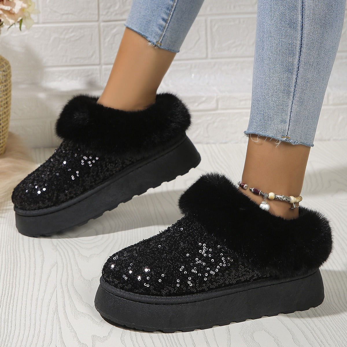 Zapatillas Cómodas para Mujeres con Parte Superior de Lentejuelas, Forro de Piel Sintética y Suela de Plataforma para Ponerse