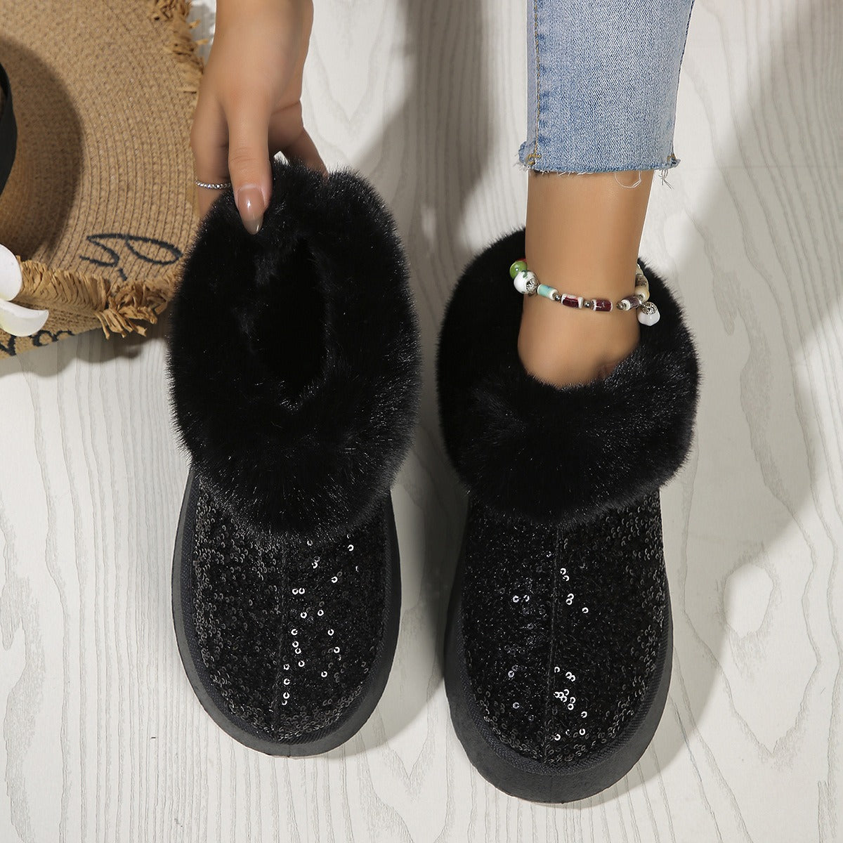 Zapatillas Cómodas para Mujeres con Parte Superior de Lentejuelas, Forro de Piel Sintética y Suela de Plataforma para Ponerse