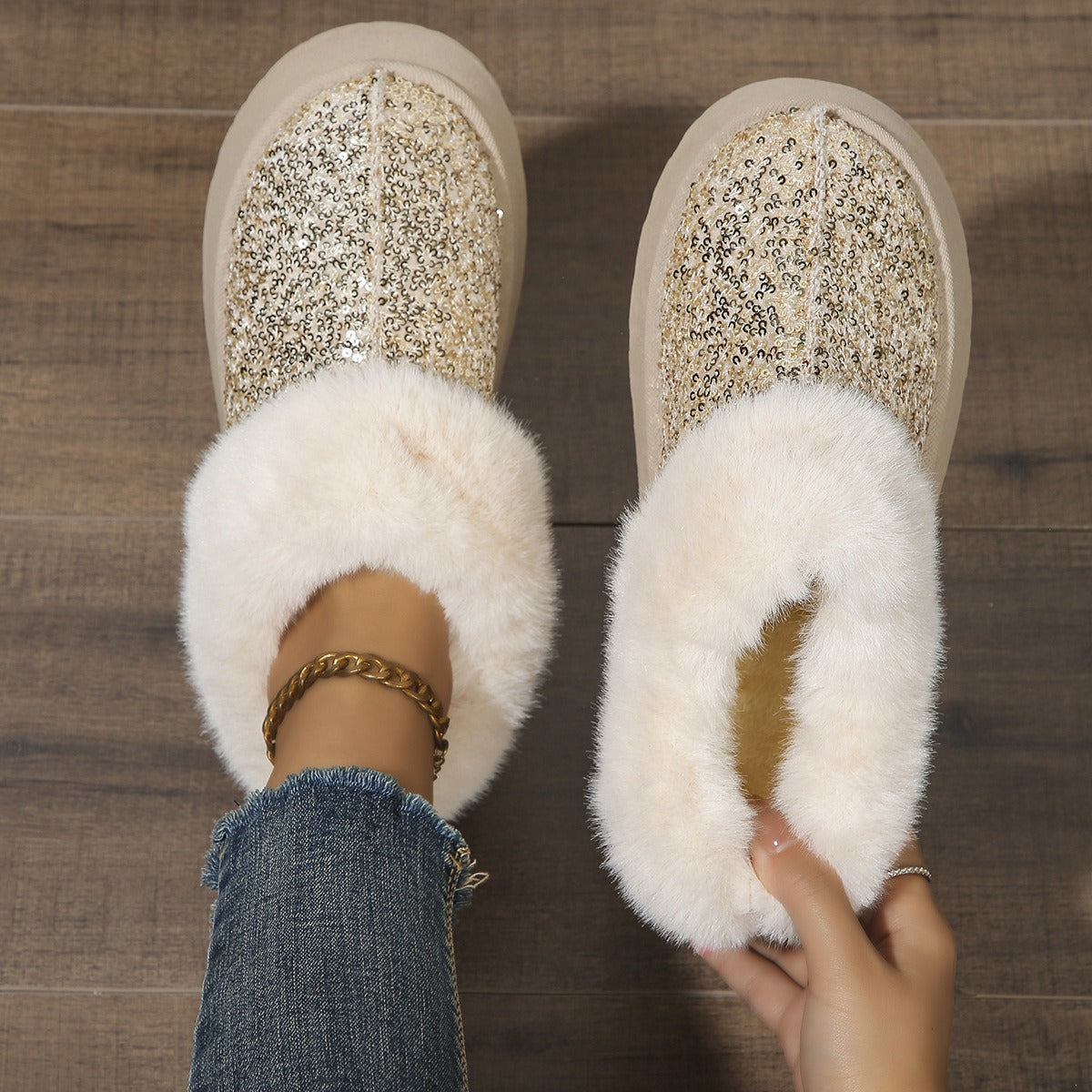 Zapatillas Cómodas para Mujeres con Parte Superior de Lentejuelas, Forro de Piel Sintética y Suela de Plataforma para Ponerse