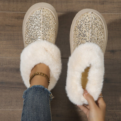 Zapatillas Cómodas para Mujeres con Parte Superior de Lentejuelas, Forro de Piel Sintética y Suela de Plataforma para Ponerse