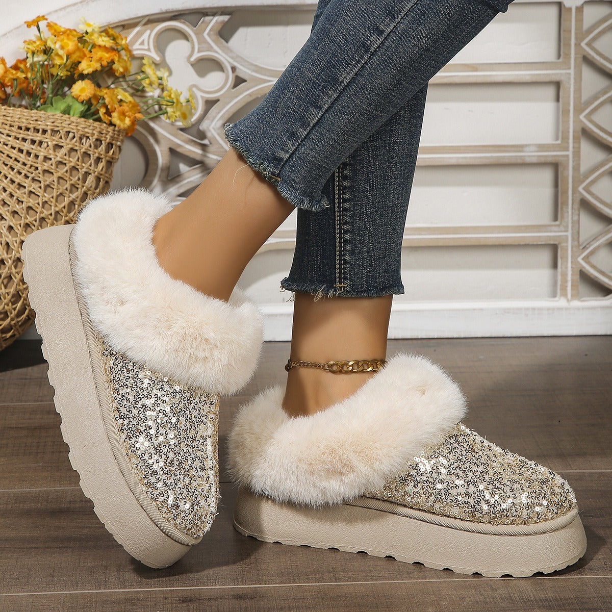 Zapatillas Cómodas para Mujeres con Parte Superior de Lentejuelas, Forro de Piel Sintética y Suela de Plataforma para Ponerse