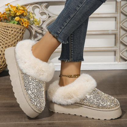 Zapatillas Cómodas para Mujeres con Parte Superior de Lentejuelas, Forro de Piel Sintética y Suela de Plataforma para Ponerse