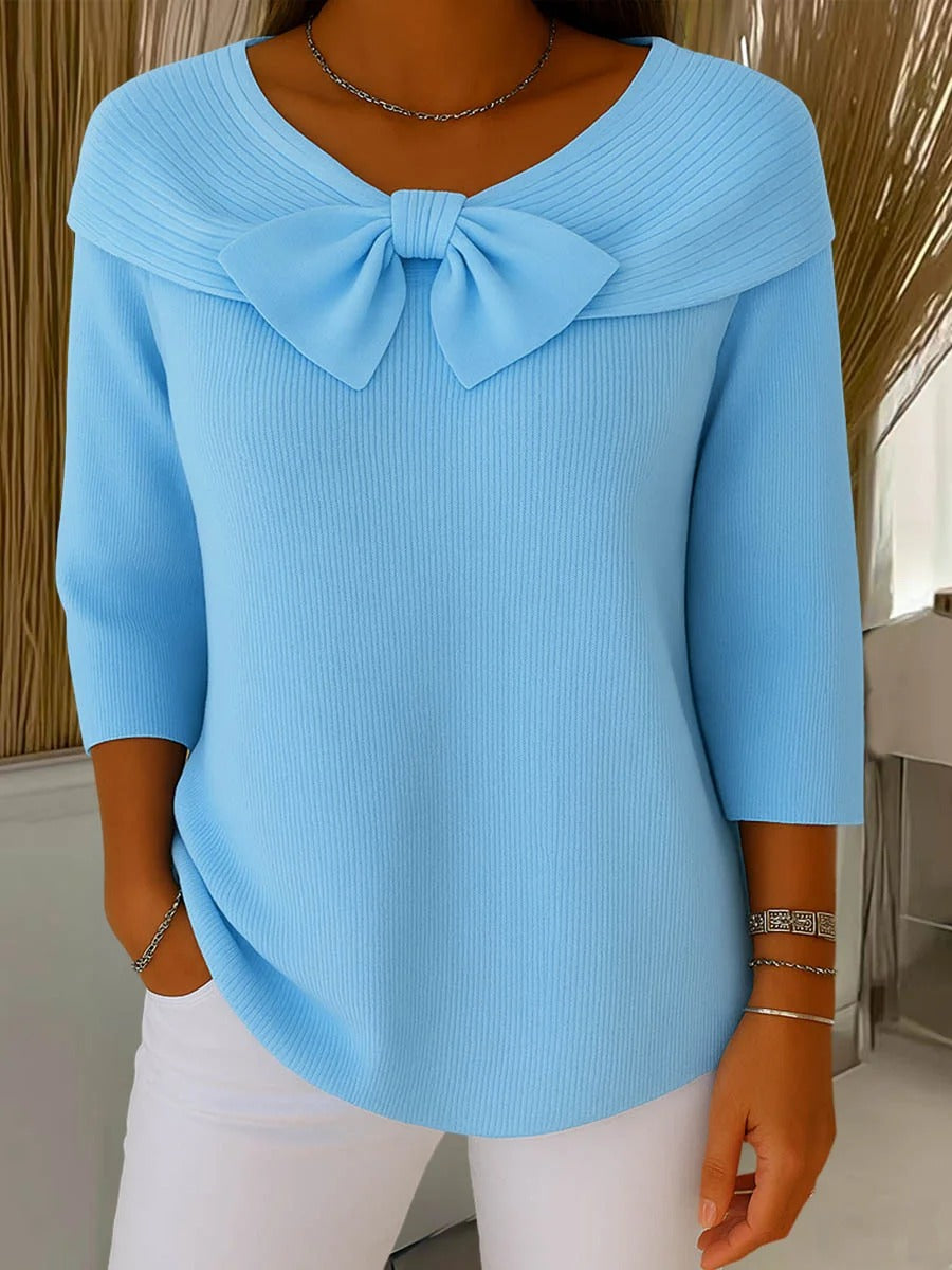 Suéter de Punto Acanalado Cómodo para Mujeres con Escote en V, Lazo y Manga de Codo Estilo Relajado Oversized