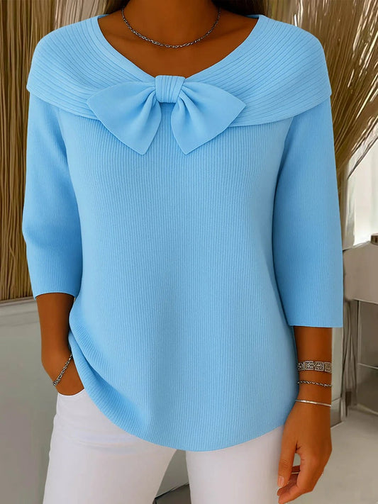 Suéter de Punto Acanalado Sin Esfuerzo para Mujeres con Cuello en V, Manga Codo, Lazo y Estilo Relajado