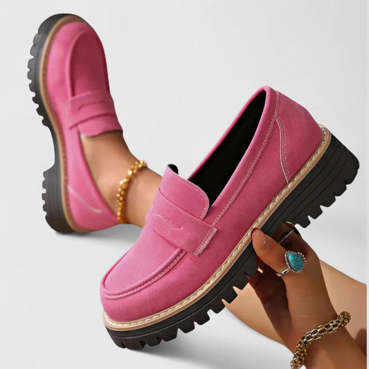 Mocasín de Plataforma de Ante Rosa Cómodo para Mujeres con Punta Redonda y Suela de Tacón Casual