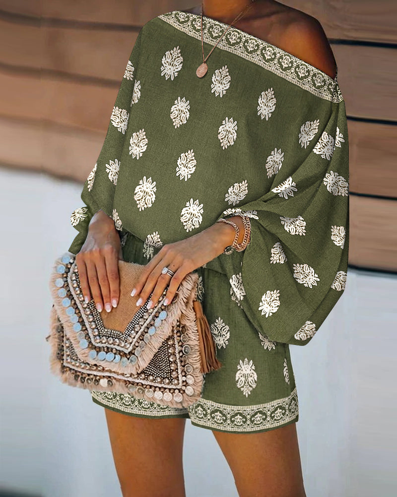 Conjunto de Dos Piezas con Estampado Paisley Sin Esfuerzo para Mujeres con Mangas Lantern Boho