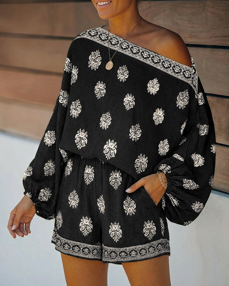 Conjunto de Dos Piezas con Estampado Paisley Sin Esfuerzo para Mujeres con Mangas Lantern Boho