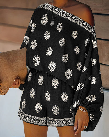 Conjunto de Dos Piezas con Estampado Paisley Sin Esfuerzo para Mujeres con Mangas Lantern Boho