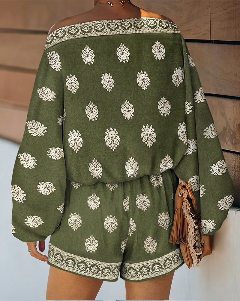 Conjunto de Dos Piezas con Estampado Paisley Sin Esfuerzo para Mujeres con Mangas Lantern Boho