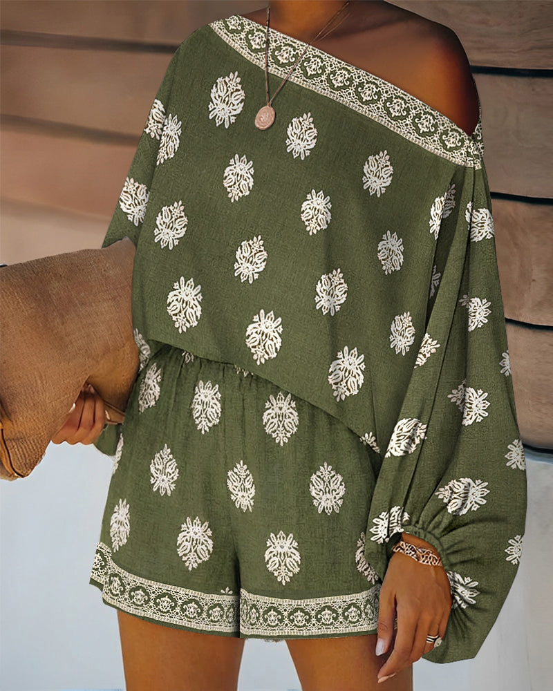Conjunto de Dos Piezas con Estampado Paisley Sin Esfuerzo para Mujeres con Mangas Lantern Boho