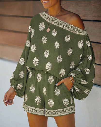 Conjunto de Dos Piezas con Estampado Paisley Sin Esfuerzo para Mujeres con Mangas Lantern Boho