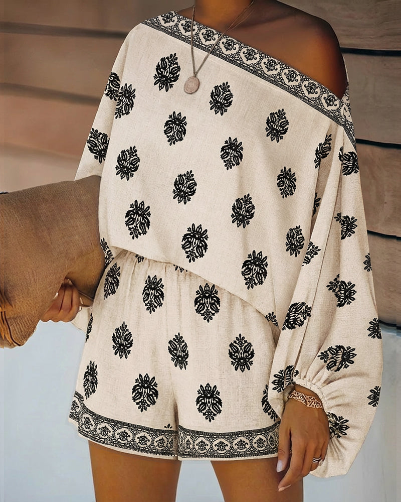 Conjunto de Dos Piezas con Estampado Paisley Sin Esfuerzo para Mujeres con Mangas Lantern Boho