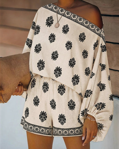 Conjunto de Dos Piezas con Estampado Paisley Sin Esfuerzo para Mujeres con Mangas Lantern Boho
