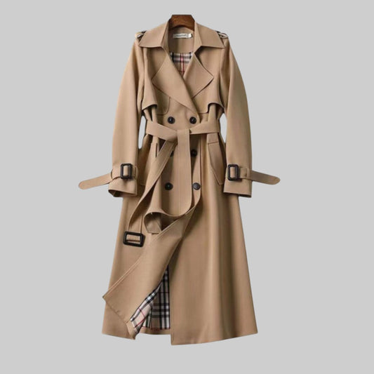 Abrigo Trench Elegante para Mujeres con Solapa Notch de Manga Larga, Doble Botonadura y Estilo Fluido con Cinturón