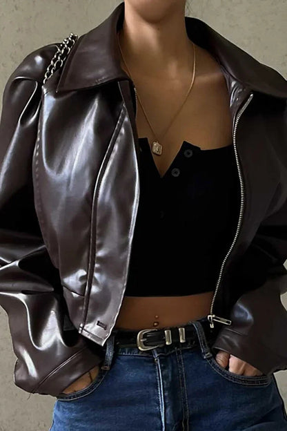 Chaqueta de Cuero Marrón Elegante para Mujeres con Cuello, Manga Larga, Cierre Frontal con Cremallera, Estilo Moto Corto
