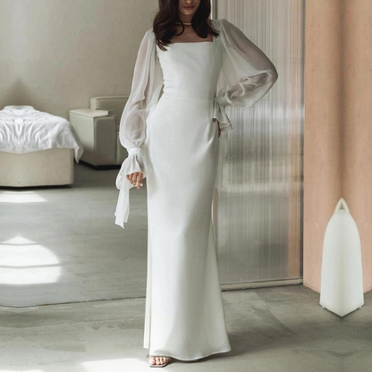 Vestido Maxi Blanco Elegante para Mujeres con Cuello Cuadrado y Mangas Globo Estilo Cuerpo Ceñido Fluyente