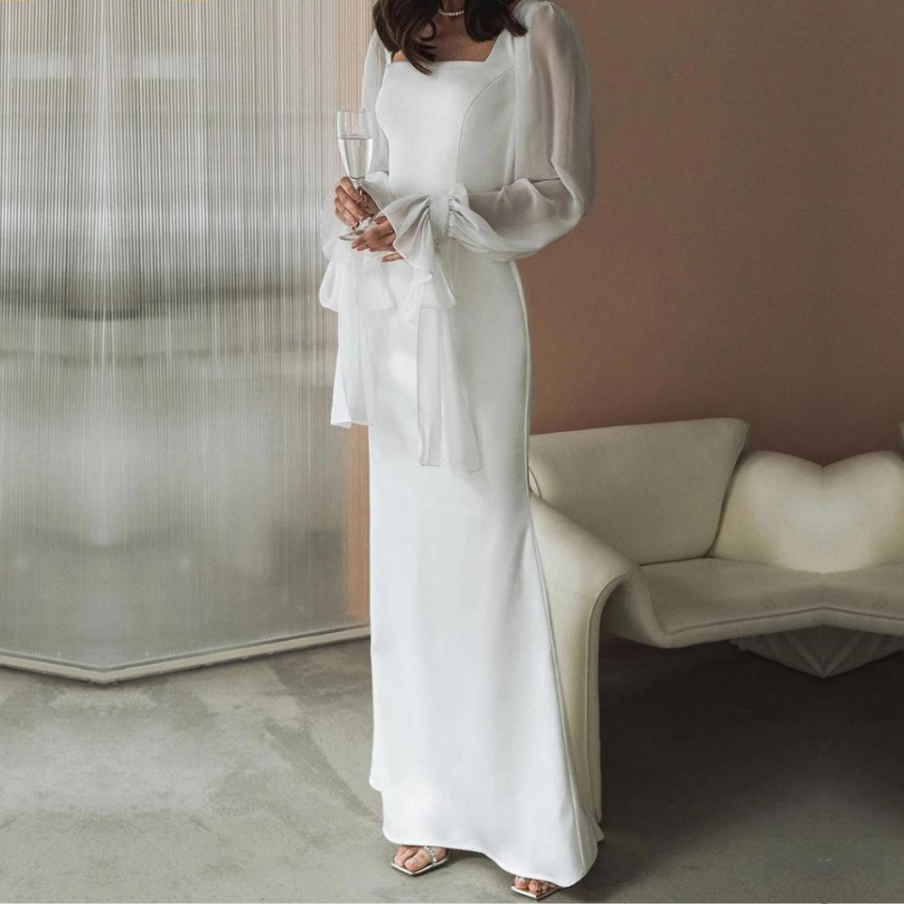 Vestido Maxi Blanco Elegante para Mujeres con Cuello Cuadrado y Mangas Globo Estilo Cuerpo Ceñido Fluyente