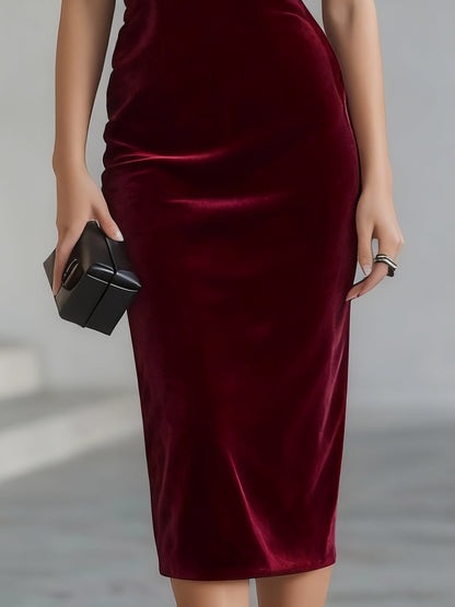 Elegante Vestido Midi de Terciopelo Burdeos para Mujeres con Detalle de Lazo en Cuello de Ilusión Estilo Bodycon para Cóctel