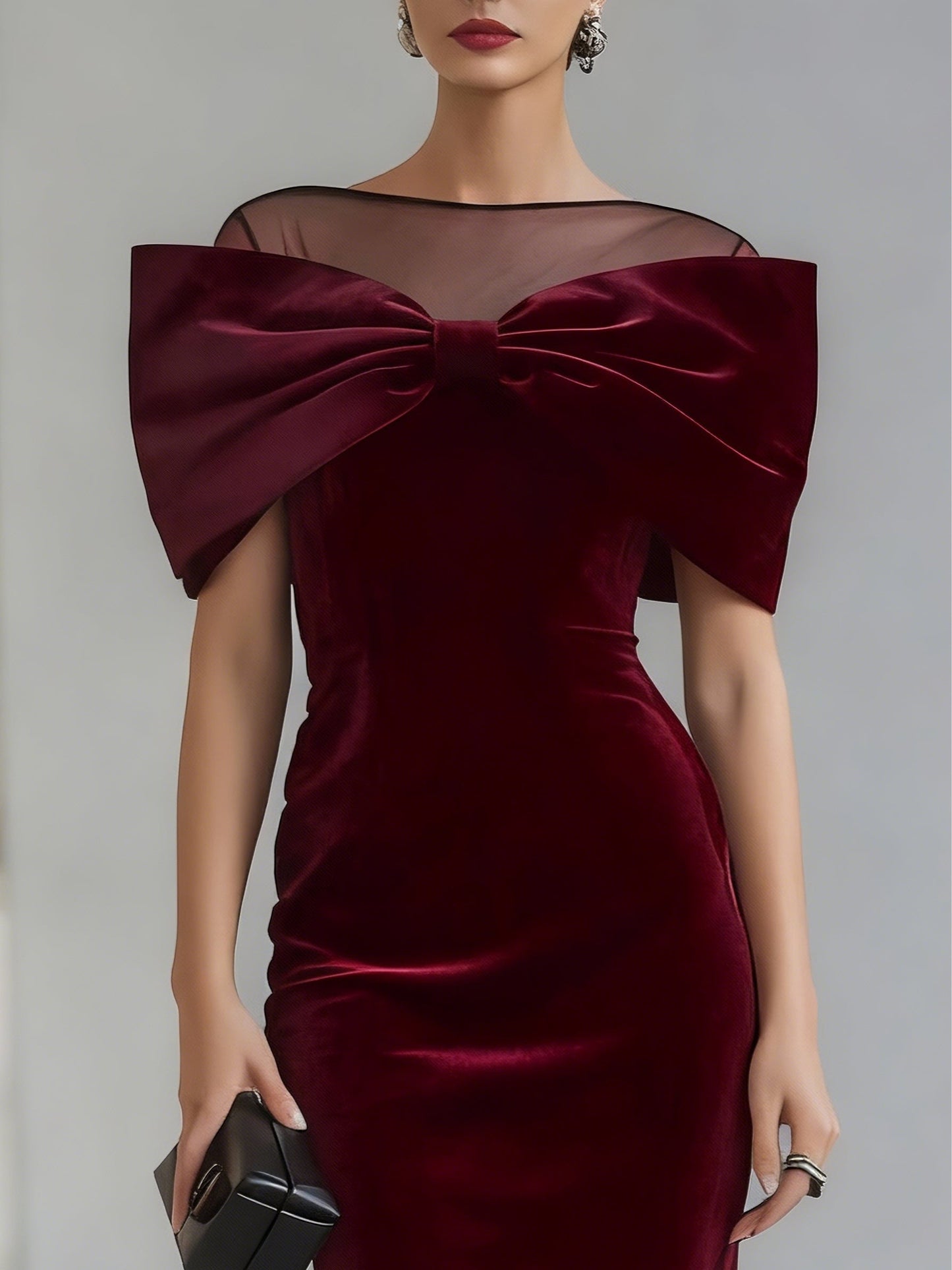 Elegante Vestido Midi de Terciopelo Burdeos para Mujeres con Detalle de Lazo en Cuello de Ilusión Estilo Bodycon para Cóctel