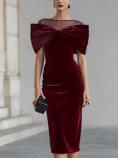 Elegante Vestido Midi de Terciopelo Burdeos para Mujeres con Detalle de Lazo en Cuello de Ilusión Estilo Bodycon para Cóctel